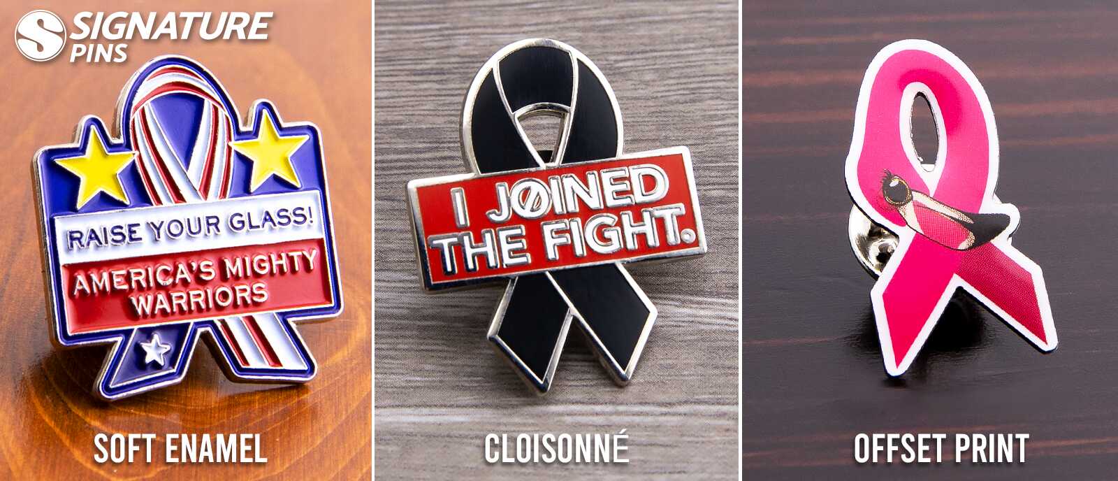 Three pin styles: patriotic America's Mighty Warriors soft enamel pin, black I Joined The Fight cloisonne ribbon, and pink breast cancer offset print ribbon