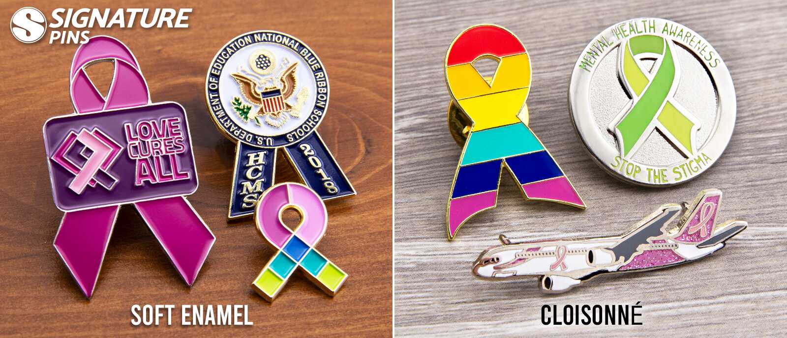 Side-by-side comparison of soft enamel and cloisonne awareness ribbon pins including pink Love Cures All ribbon, rainbow pride ribbon, mental health awareness pin, and airplane with pink ribbon