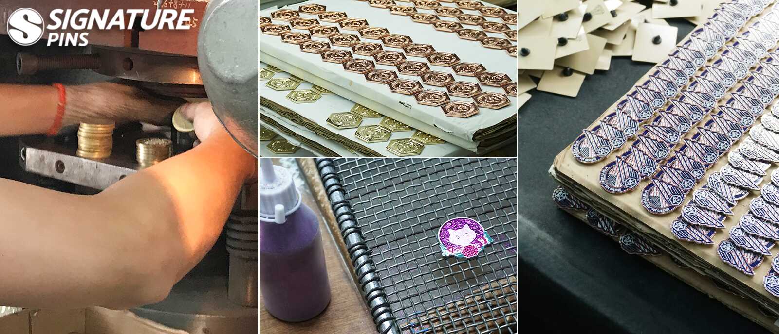 Pin manufacturing process: stamping press, hexagonal pin blanks on sheets, enamel paint application, and rows of finished wing-shaped pins