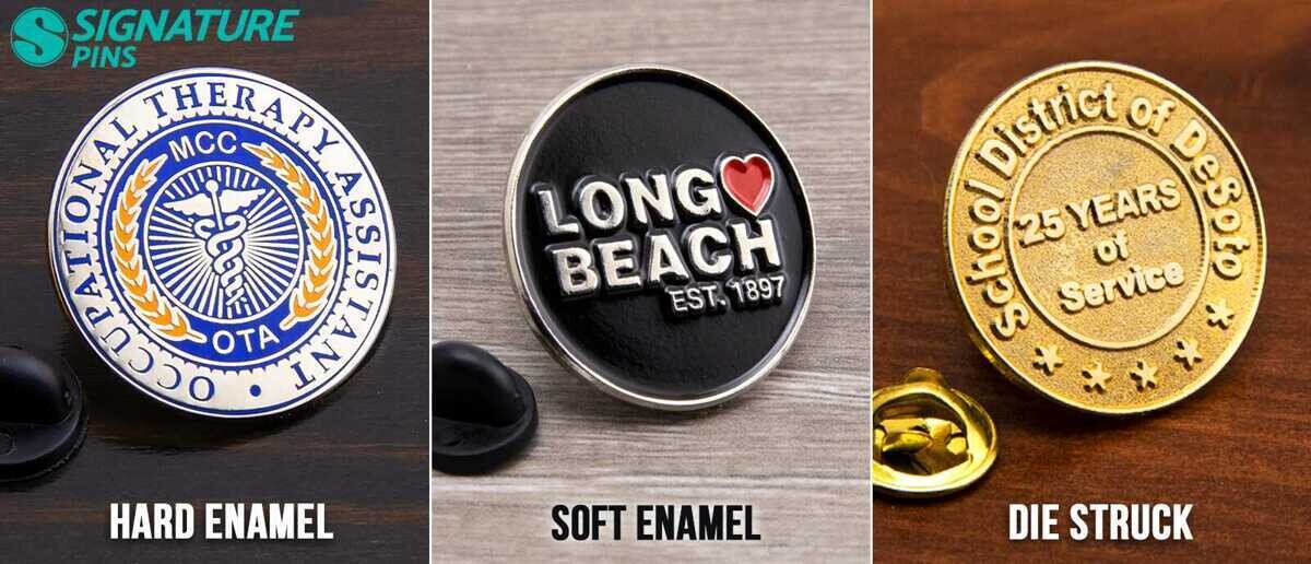 Three pin styles: MCC Occupational Therapy Assistant hard enamel, Long Beach Est. 1897 soft enamel, and School District of DeSoto 25 Years die struck