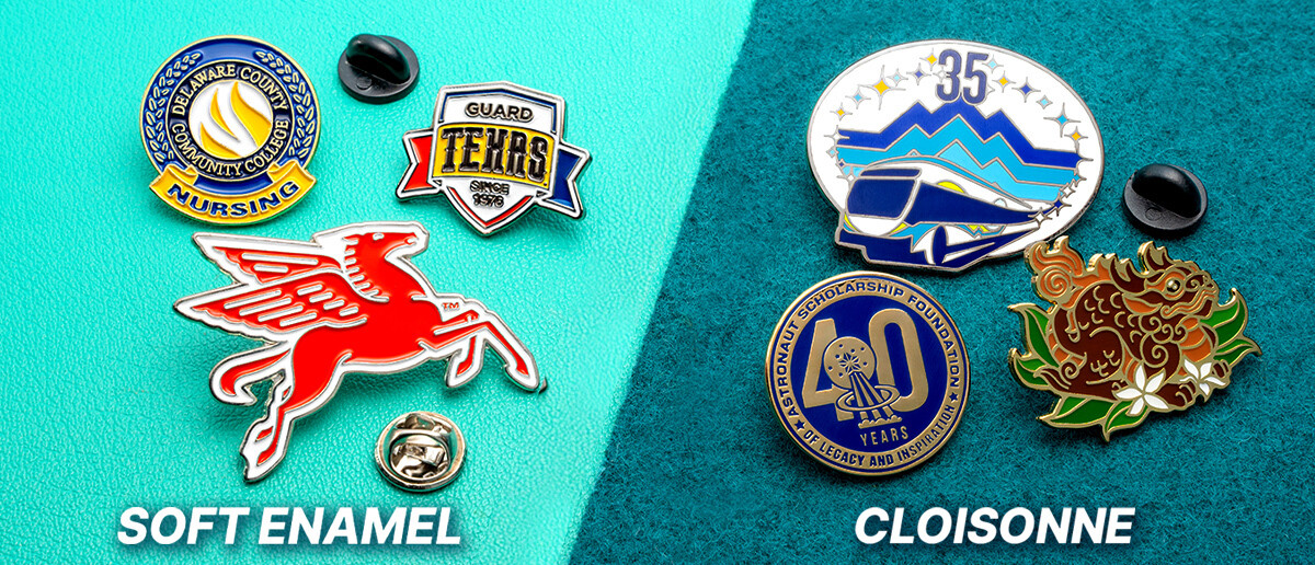 Side-by-side comparison of soft enamel pins (Delaware State nursing, Guard Texas, red Pegasus) versus smooth cloisonné pins (35th anniversary mountains, bullet train, 40 years scholarship, floral rose)