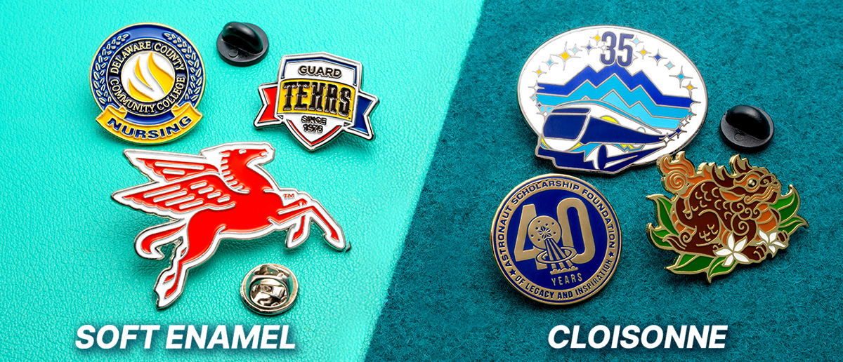 Side-by-side comparison of soft enamel pins (Delaware State nursing, Guard Texas, red Pegasus) versus smooth cloisonné pins (35th anniversary mountains, bullet train, 40 years scholarship, floral rose)
