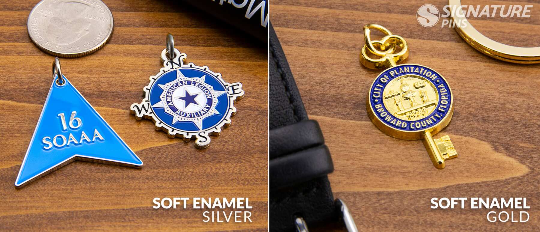 Soft enamel charms in silver and gold including pennant and American Legion compass designs