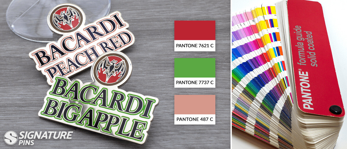 Bacardi Rum custom lapel pins demonstrating Pantone color matching against a brand style guide