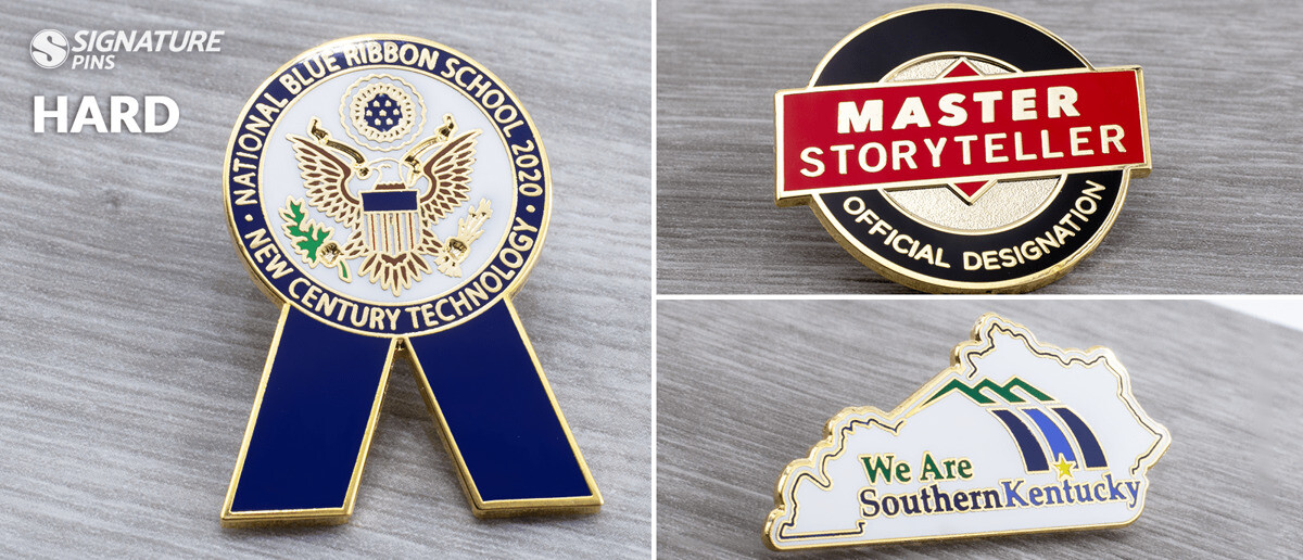 Side-by-side comparison of soft and hard enamel pins showing the smooth polished surface of hard enamel versus the textured raised-metal look of soft enamel