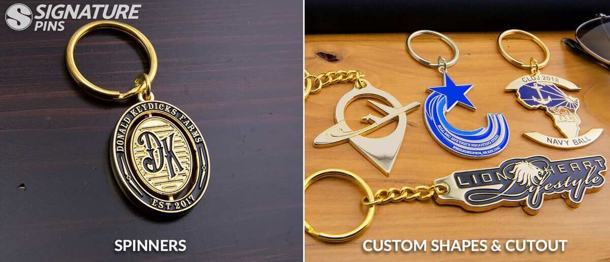 Spinner keychain with rotating center and custom shaped keychains including airplane, shooting star, and Lionheart designs