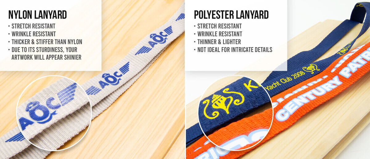 Comparison of nylon and polyester medal lanyards showing texture and print quality differences