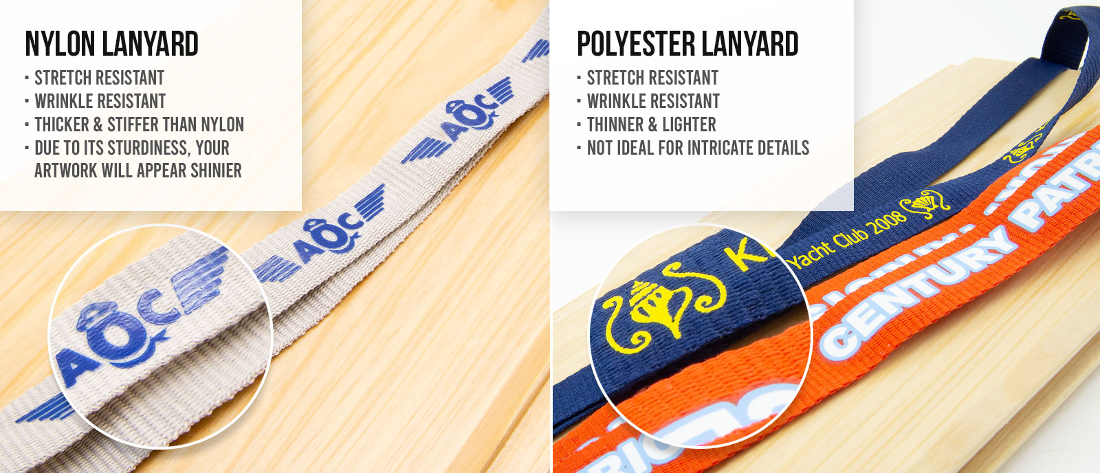 Comparison of nylon and polyester medal lanyards showing texture and print quality differences