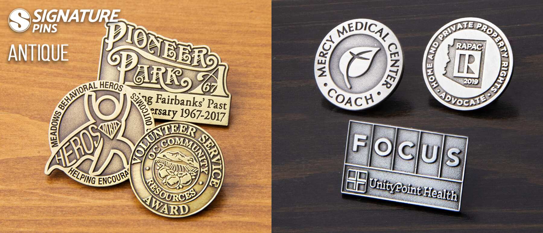Antique finish pins and medals including Pioneer Park anniversary, Meadows Behavioral Heroes, and medical center recognition pins