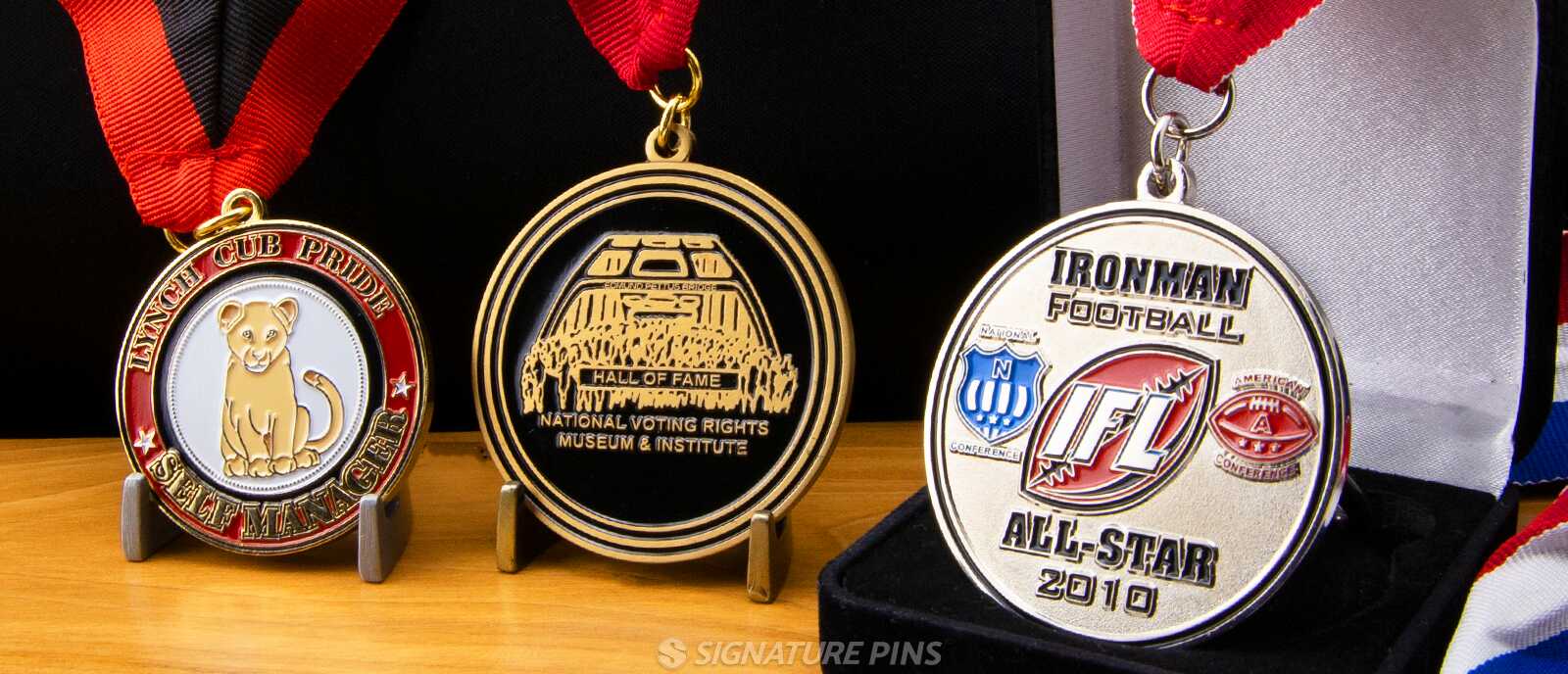 Custom medals including Lynch Cub Pride school medal, National Voting Rights Museum Hall of Fame medal, and IFL Ironman Football All-Star medal