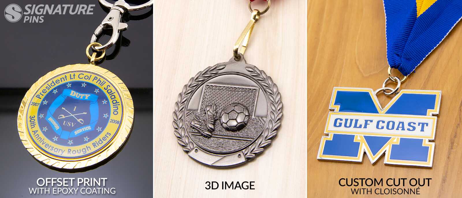 Medal upgrade options showing offset print with epoxy coating, 3D soccer ball design, and custom cut out Gulf Coast cloisonne medal