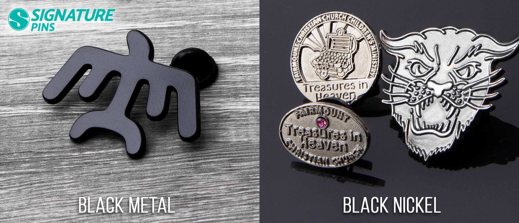 Black metal and black nickel die struck pins showing matte and shimmering charcoal finishes