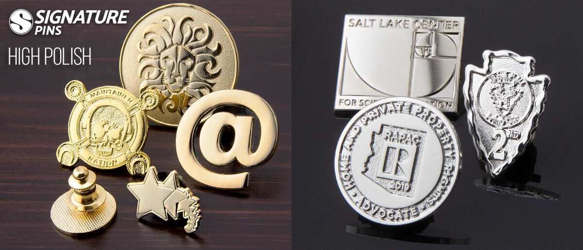High polish die struck pins in gold and silver finishes including decorative and corporate designs