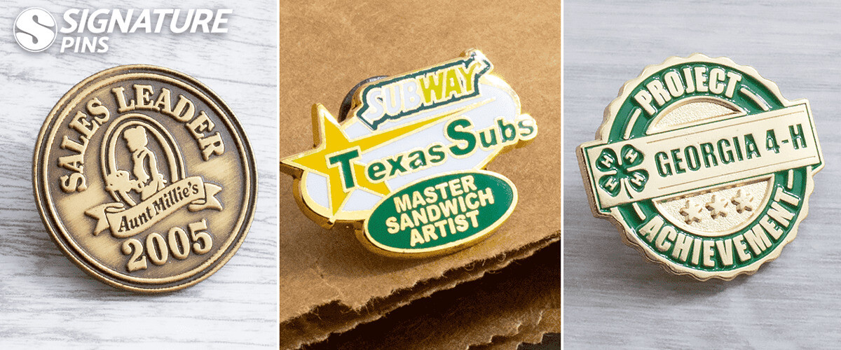 Employee appreciation pins including gold Sales Leader 2005 award, Subway Master Sandwich Artist pin, and green Georgia 4-H Project Achievement pin
