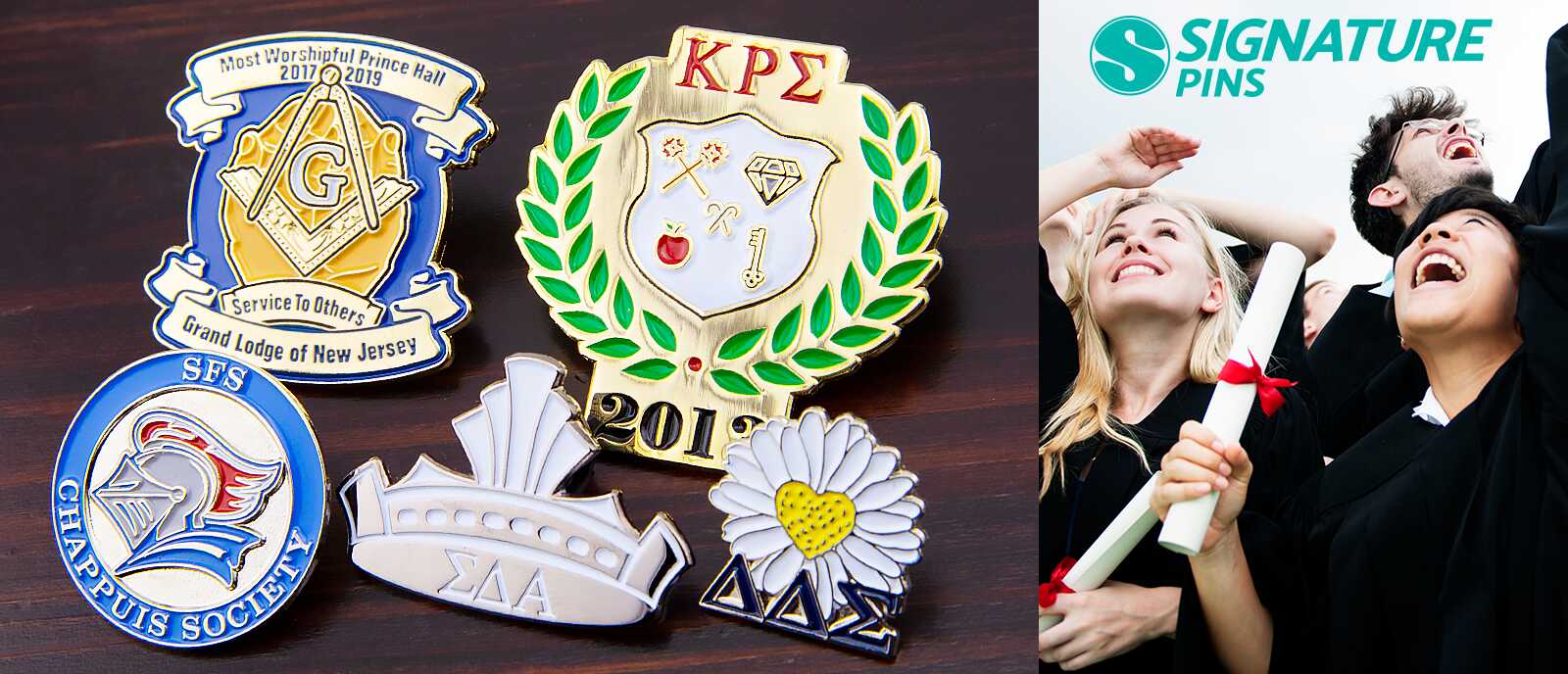 Greek organization pins including Masonic Grand Lodge, SFS Chappuis Society knight, Kappa Rho Sigma with laurel wreath, and Sigma Delta Alpha alongside celebrating graduates