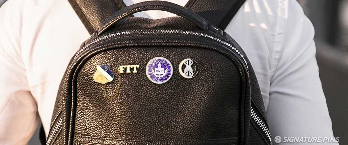 Four Greek letter pins displayed on a black leather backpack: shield pin with guard chain, FTT letters, Paine College Augusta Georgia seal, and Phi Delta Phi pin