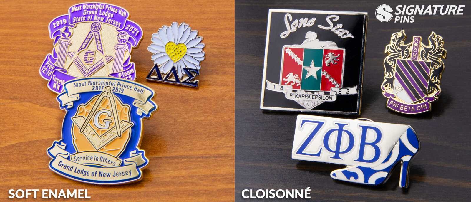Comparison of soft enamel pins including Masonic Grand Lodge and Delta Delta Sigma daisy versus cloisonné pins including Pi Kappa Epsilon, Phi Beta Chi crest, and Zeta Phi Beta
