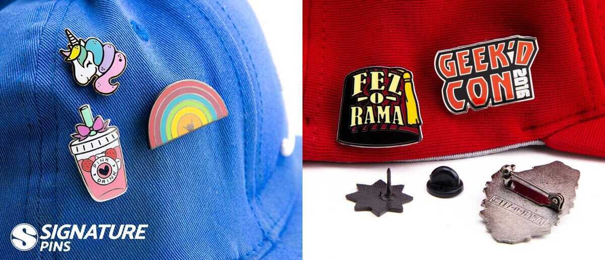 Blue cap with unicorn and rainbow pins next to red cap with Geek'd Con and Fez-O-Rama festival pins