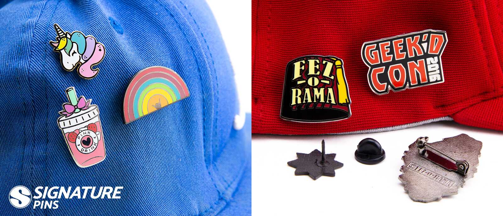 Blue cap with unicorn and rainbow pins next to red cap with Geek'd Con and Fez-O-Rama festival pins
