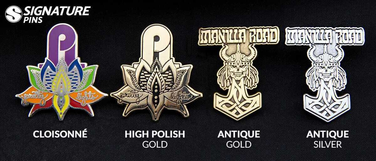 Four Pretty Lights pins showing cloisonné, high polish gold, antique gold, and antique silver plating options