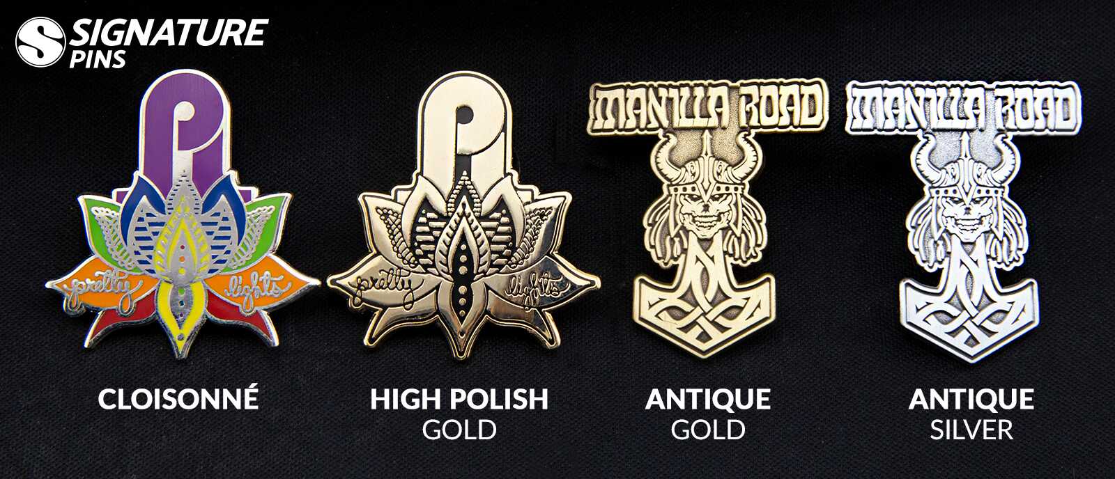 Four Pretty Lights pins showing cloisonné, high polish gold, antique gold, and antique silver plating options
