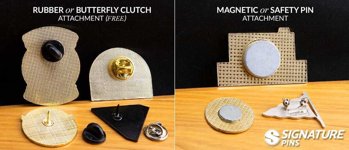 Comparison of pin attachment options showing rubber and butterfly clutch attachments on the left and magnetic and safety pin attachments on the right