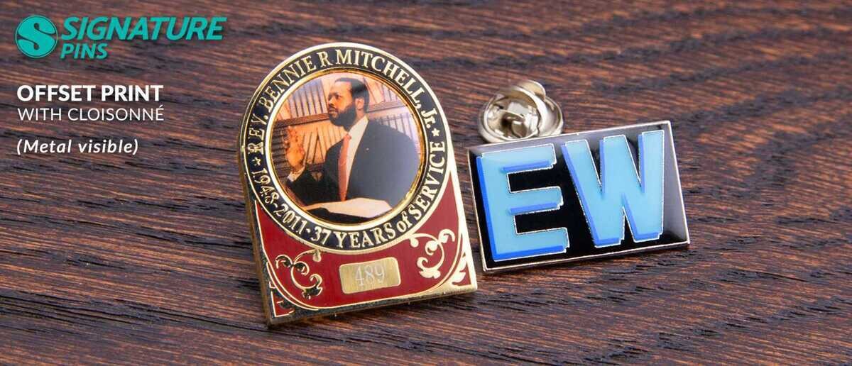 Offset print with cloisonne pins showing Rev. Bennie R. Mitchell Jr. 37 Years of Service commemorative pin with portrait photo and an EW logo pin