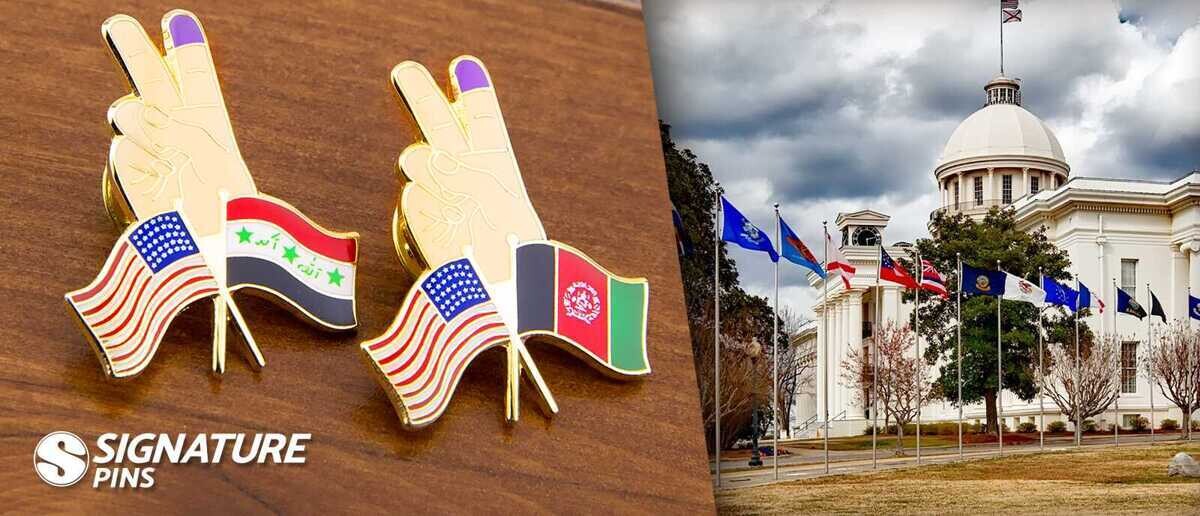 Peace sign hand pins with crossed American and Iraqi flags and American and Afghan flags, alongside a state capitol building with flags