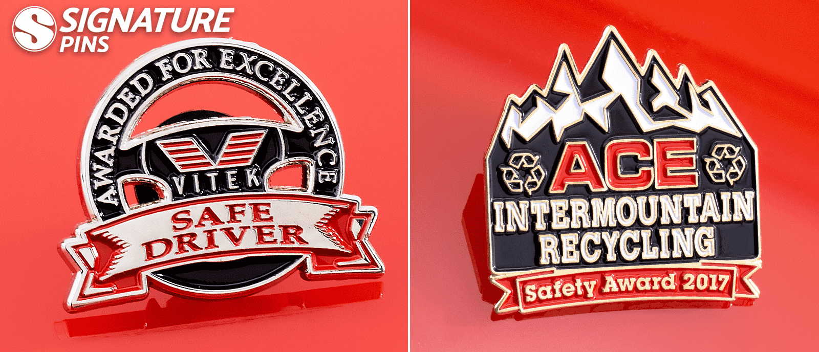 Two safety award pins including a red Vitek Safe Driver Awarded for Excellence pin and an ACE Intermountain Recycling Safety Award 2017 pin with mountain design