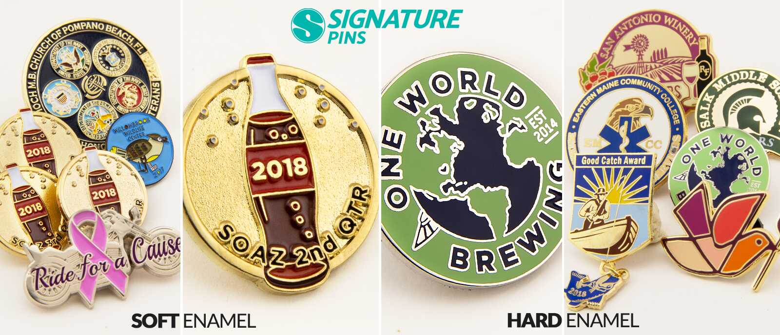 Side-by-side comparison of textured soft enamel pins including Church of Pompano Beach and Ride for a Cause versus smooth hard enamel pins including One World Brewing and San Antonio Winery