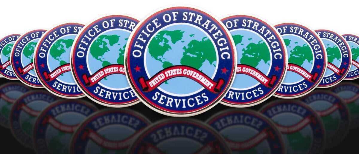 Bulk order of round Office of Strategic Services enamel pins featuring globe design and United States Government banner