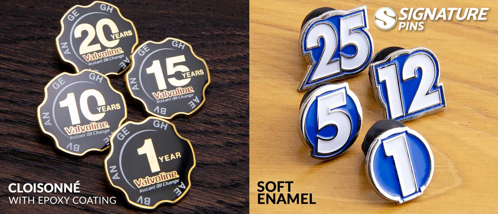 Comparison of cloisonné Valvoline years of service pins in black and gold versus blue and white soft enamel number pins